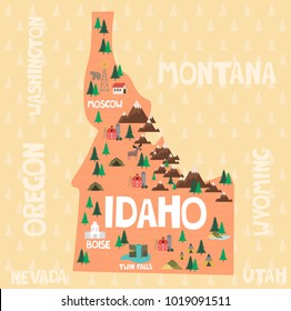 Illustrated map of the state of Idaho in United States with cities and landmarks. Editable vector illustration