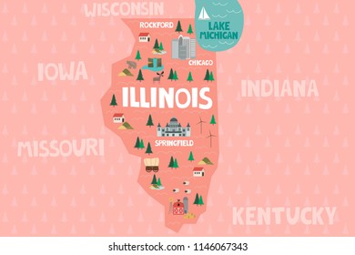 Illustrated map of the state of Illinois in United States with cities and landmarks. Editable vector illustration