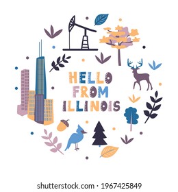 Illustrated map of the state of Illinois in United States with cities and landmarks. Editable vector illustration