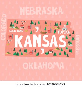 Illustrated map of the state of Kansas in United States with cities and landmarks. Editable vector illustration