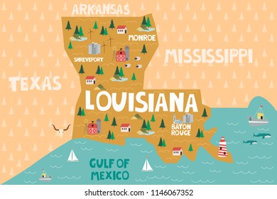 Illustrated map of the state of Louisiana in United States with cities and landmarks. Editable vector illustration