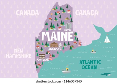 Illustrated map of the state of Maine in United States with cities and landmarks. Editable vector illustration