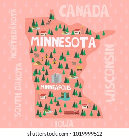 Illustrated Map Of The State Of Minnesota In United States With Cities And Landmarks. Editable Vector Illustration