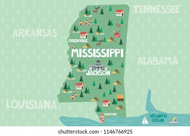 Illustrated map of the state of Mississippi in United States with cities and landmarks. Editable vector illustration