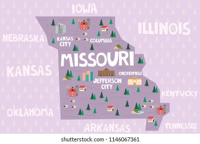 Illustrated map of the state of Missouri in United States with cities and landmarks. Editable vector illustration