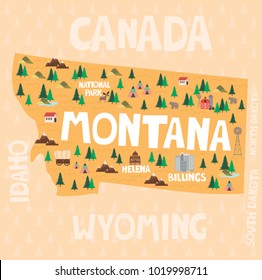 Illustrated map of the state of Montana in United States with cities and landmarks. Editable vector illustration