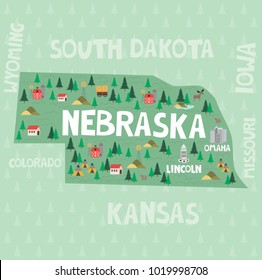 Illustrated map of the state of Nebraska in United States with cities and landmarks. Editable vector illustration