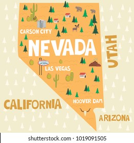 Illustrated map of the state of Nevada in United States with cities and landmarks. Editable vector illustration