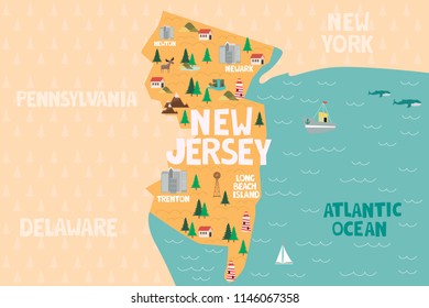 Illustrated map of the state of New Jersey in United States with cities and landmarks. Editable vector illustration