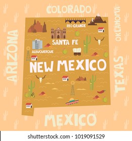 Illustrated map of the state of New Mexico in United States with cities and landmarks. Editable vector illustration