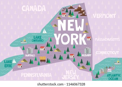 Illustrated map of the state of New York in United States with cities and landmarks. Editable vector illustration