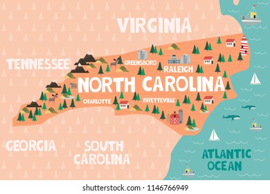 Illustrated map of the state of North Carolina in United States with cities and landmarks. Editable vector illustration