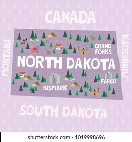 Illustrated map of the state of North Dakota in United States with cities and landmarks. Editable vector illustration