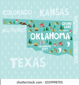 Illustrated map of the state of Oklahoma in United States with cities and landmarks. Editable vector illustration