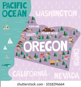 Illustrated map of the state of Oregon in United States with cities and landmarks. Editable vector illustration