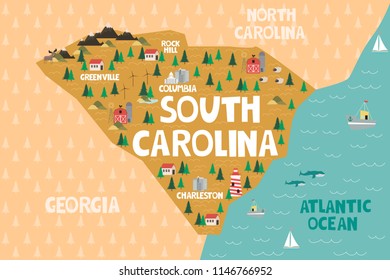 Illustrated map of the state of South Carolina in United States with cities and landmarks. Editable vector illustration