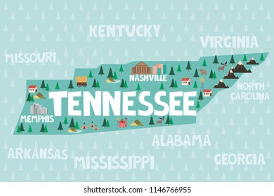 Illustrated map of the state of Tennessee in United States with cities and landmarks. Editable vector illustration