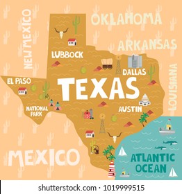 Illustrated map of the state of Texas in United States with cities and landmarks. Editable vector illustration