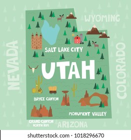 Illustrated map of the state of Utah in United States with cities and landmarks. Editable vector illustration