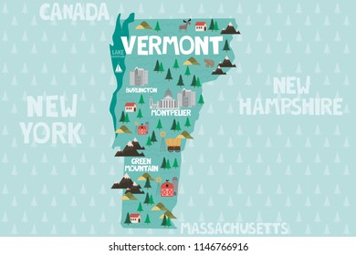 Illustrated map of the state of Vermont in United States with cities and landmarks. Editable vector illustration