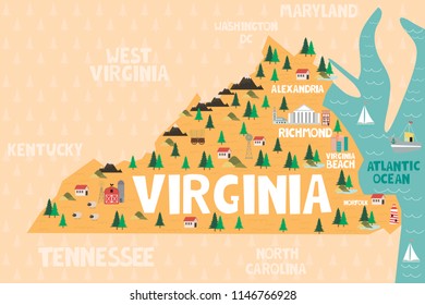 Illustrated map of the state of Virginia in United States with cities and landmarks. Editable vector illustration