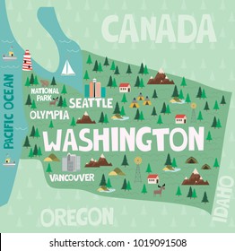 Illustrated map of the state of Washington in United States with cities and landmarks. Editable vector illustration