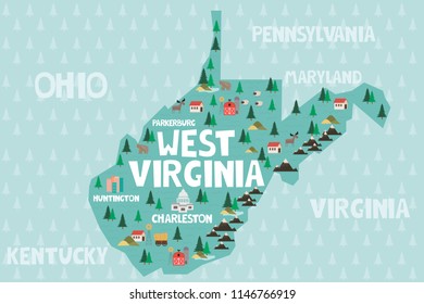 Illustrated map of the state of West Virginia in United States with cities and landmarks. Editable vector illustration