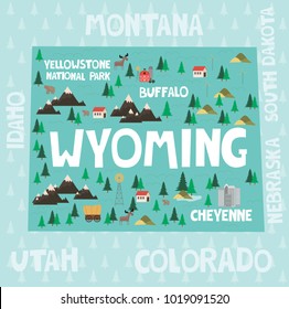 Illustrated map of the state of Wyoming in United States with cities and landmarks. Editable vector illustration