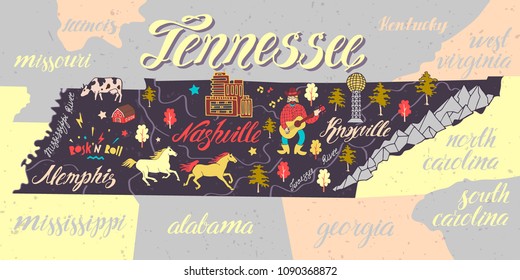 Illustrated map of Tennessee, USA. Travel and attractions