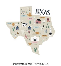 Illustrated map of Texas state with landmarks and symbols.