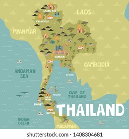 Illustrated map of Thailand with cities and landmarks. Editable vector illustration