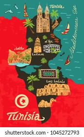 Illustrated map of Tunisia. Travel and attractions