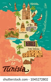 Illustrated map of Tunisia. Travel and attractions svg