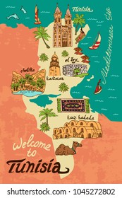 Illustrated map of Tunisia. Travel and attractions