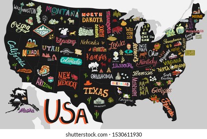 Illustrated map of the USA. Poster with states and attractions of America.