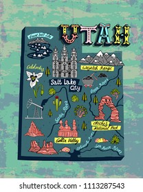 Illustrated map of Utah, USA. Travel and attractions