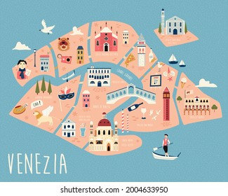 Illustrated map of Venice with famous symbols, landmarks, building. Vector design for tourist books, posters, placards, leaflets, books, souvenirs.