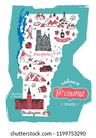 Illustrated map of  Vermont , USA. Travel and attractions. Cartoon map.