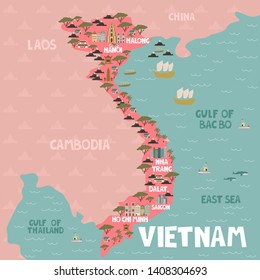 Illustrated map of Vietnam with cities and landmarks. Editable vector illustration