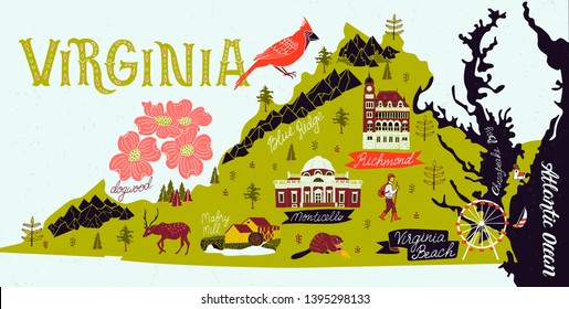 Illustrated map of  Virginia, USA. Travel and attractions