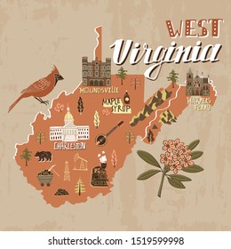 Illustrated map of West Virginia state, USA. Travel and attractions