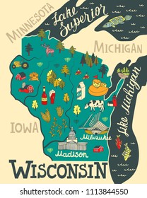 Illustrated map of Wisconsin, USA. Travel and attractions
