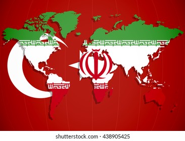 Illustrated Map of the world with the flag of Iran & turkey.