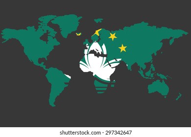 An Illustrated Map of the world with the flag of Macau