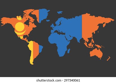 An Illustrated Map of the world with the flag of Mongolia