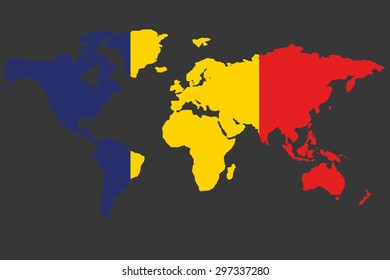 An Illustrated Map of the world with the flag of Romania