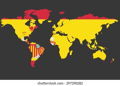 An Illustrated Map of the world with the flag of Spain