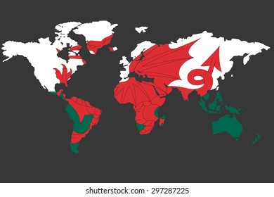 An Illustrated Map of the world with the flag of Wales