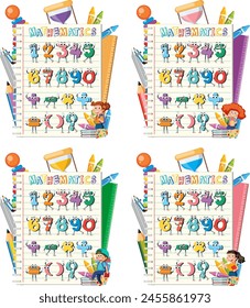 Illustrated math-themed notebook covers with animals.