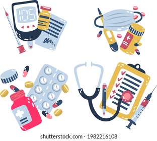 Illustrated medical stickers set images. Set of Flat Medical Icons Stickers. Vector Illustration. Hand drew pack with lettering. EPS 10